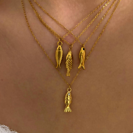 Collier pendentif en acier inoxydable doré, 1 pièce, en forme de poisson