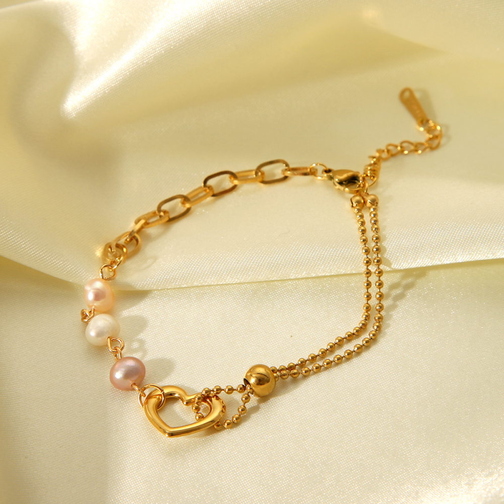 1 Paire De Bracelets À Maillons Pour Femme, Motif Cœur, En Acier Inoxydable, Couleur Or, Étanches, Avec Pierre Naturelle. Image5