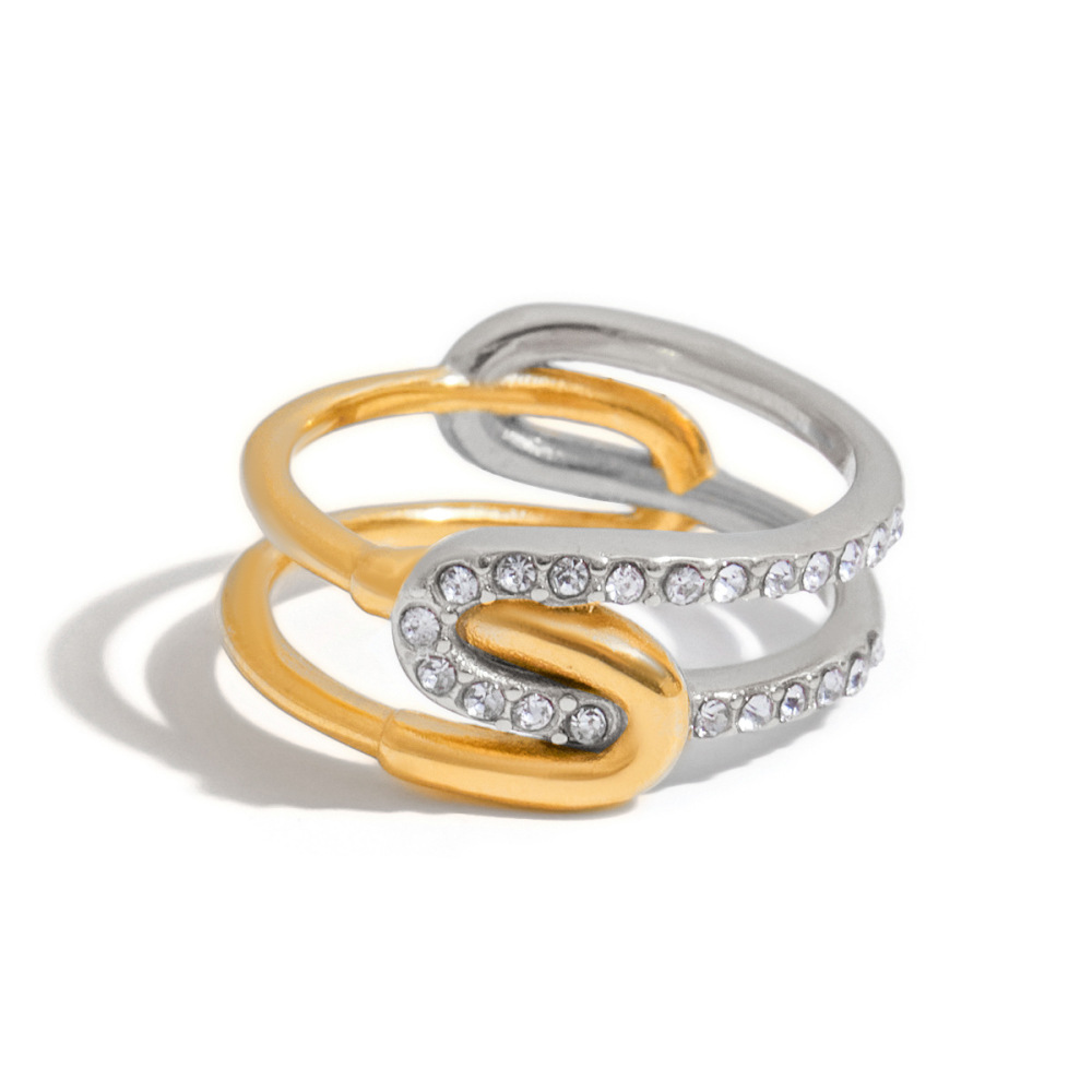 Bague Pour Femme En Acier Inoxydable Doré, Style Géométrique Classique, Étanche, Ornée De Pierres Précieuses (1 Pièce), Collection De Luxe.