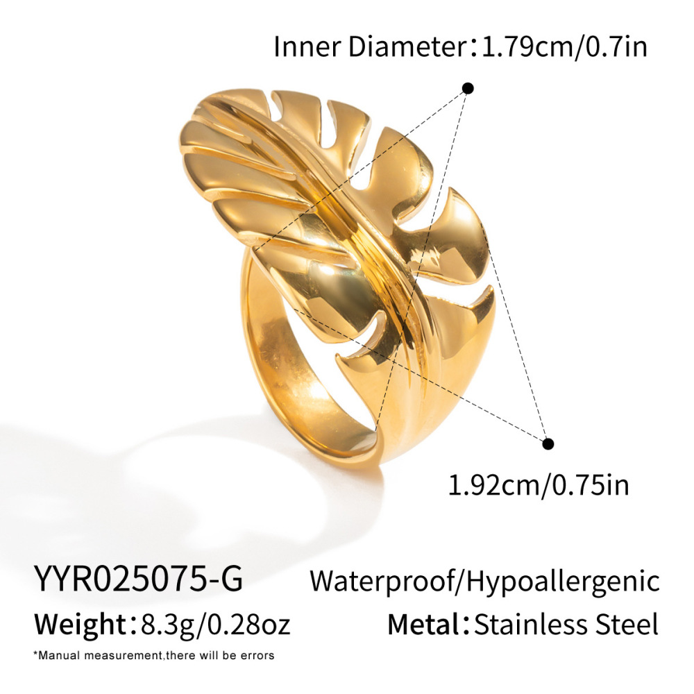 Bague Statement En Acier Inoxydable Doré, Forme Feuille, Étanche (1 Pièce) 
