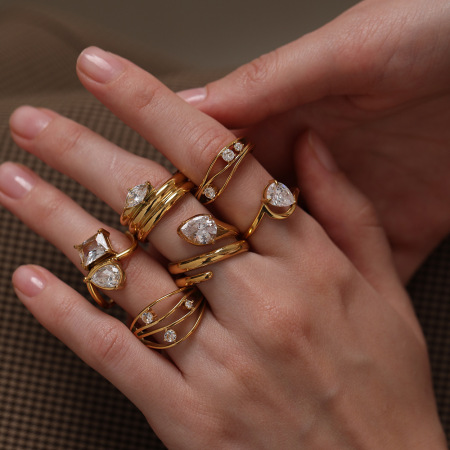 Ensembles de bagues élégantes et géométriques en acier inoxydable doré et zircon, collection Luxueuse