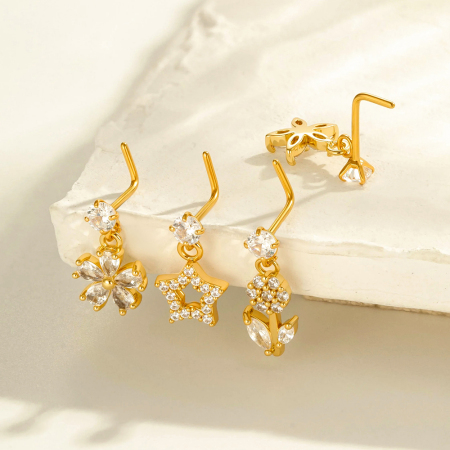 Piercing de nez pour femme, série Simple, motif soleil/lune, cuivre, or et zircon 2