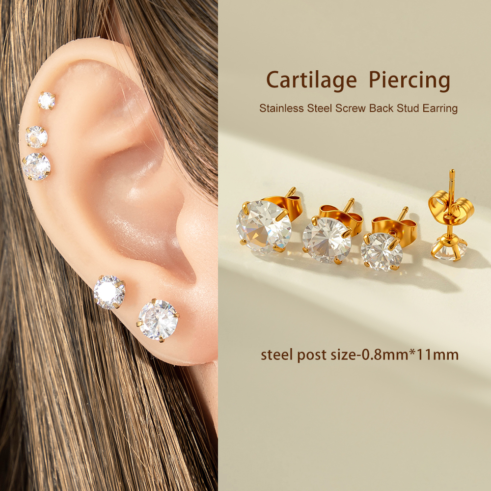 Boucle D'Oreille Piercing Simple En Acier Inoxydable Étanche Couleur Or Avec Zircon (1 Pièce) Image4