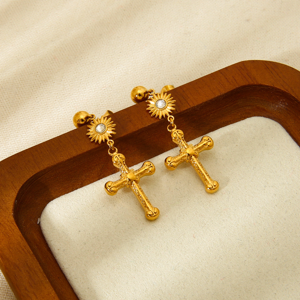 Boucles D'Oreilles Puces Pour Femmes, Style Rétro Croix Classique, En Acier Inoxydable Étanche Image3