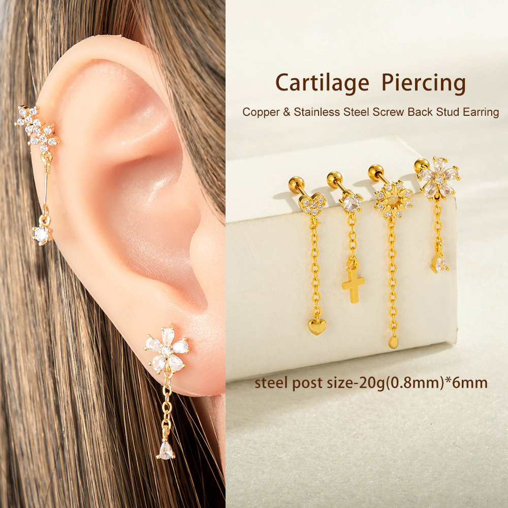 Boucles D'Oreilles Piercing Simples En Forme De Cœur, Couleur Cuivre Et Or, Zircone, Pour Femme, 1 Pièce h5Image4