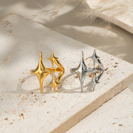 Bague tendance en acier inoxydable doré, 1 pièce, en forme d'étoile 2