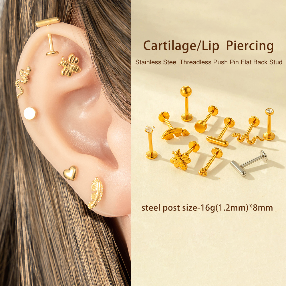 Boucle D'Oreille Piercing Simple En Acier Inoxydable Étanche Couleur Or Avec Zircon (1 Pièce) h5Image4
