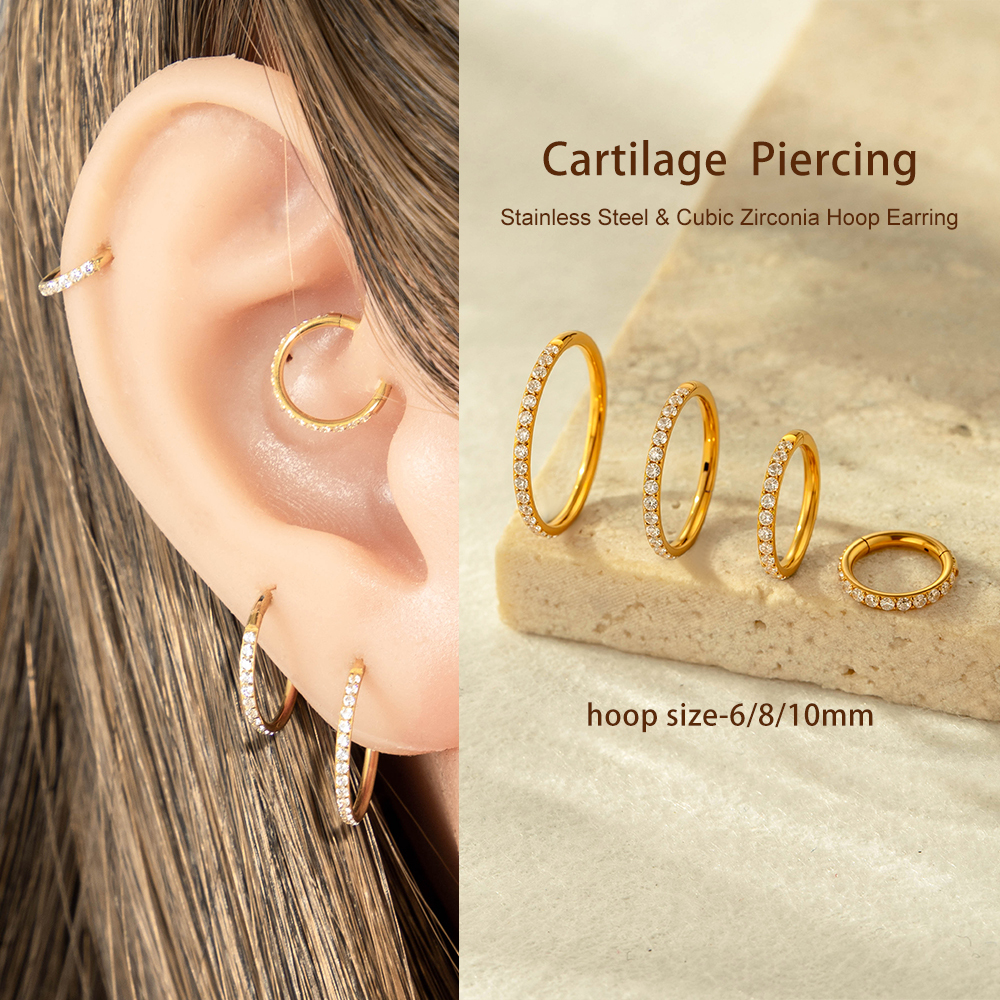 Boucles D'Oreilles Piercing Femme En Acier Inoxydable Doré, Étanches Et Finement Travaillées, Ornées De Zircon. Image5