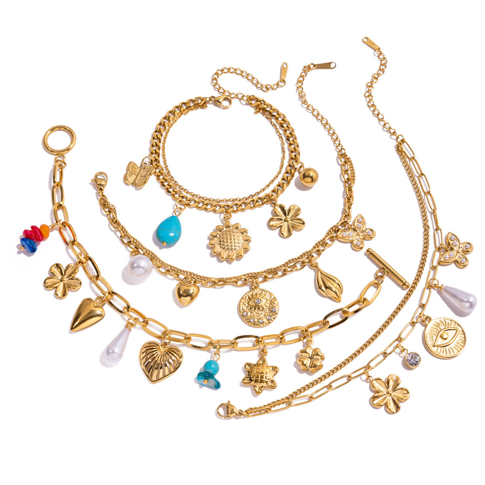 Bracelet À Breloques Pour Femme, Motif Cœur De Vacances, En Acier Inoxydable, Étanche, Couleur Or (1 Pièce). h5Image9