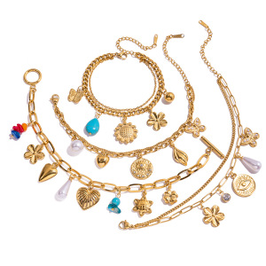 Bracelet À Breloques Pour Femme, Motif Cœur De Vacances, En Acier Inoxydable, Étanche, Couleur Or (1 Pièce). h5 Image9