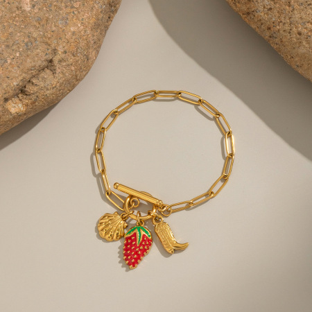 Bracelet à breloques en acier inoxydable doré, couleur fraise (1 pièce)