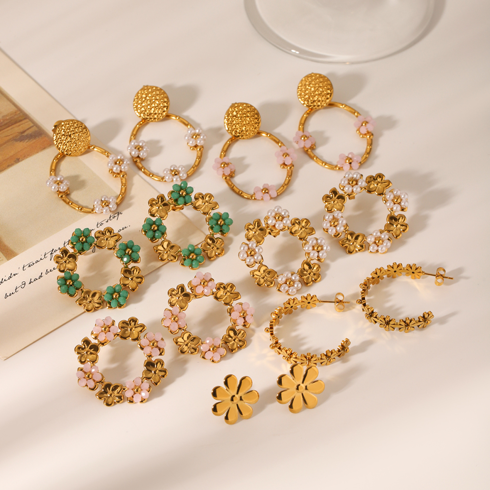 Boucles D'Oreilles Puces Pour Femmes, Motif Floral Simple Du Quotidien, En Acier Inoxydable Étanche, Couleur Or. Image7