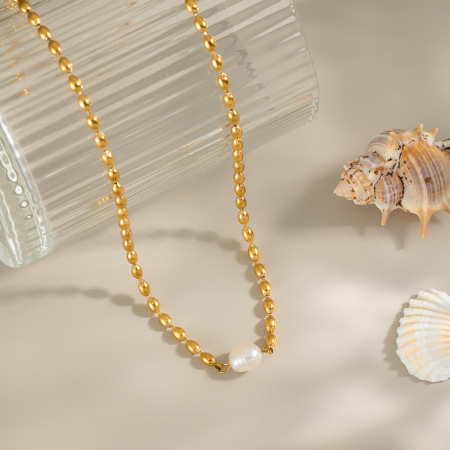 Collier de perles doré en acier inoxydable étanche (1 pièce)