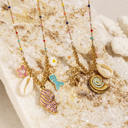 Collier pendentif en acier inoxydable doré, étanche, en forme de coquillage 2