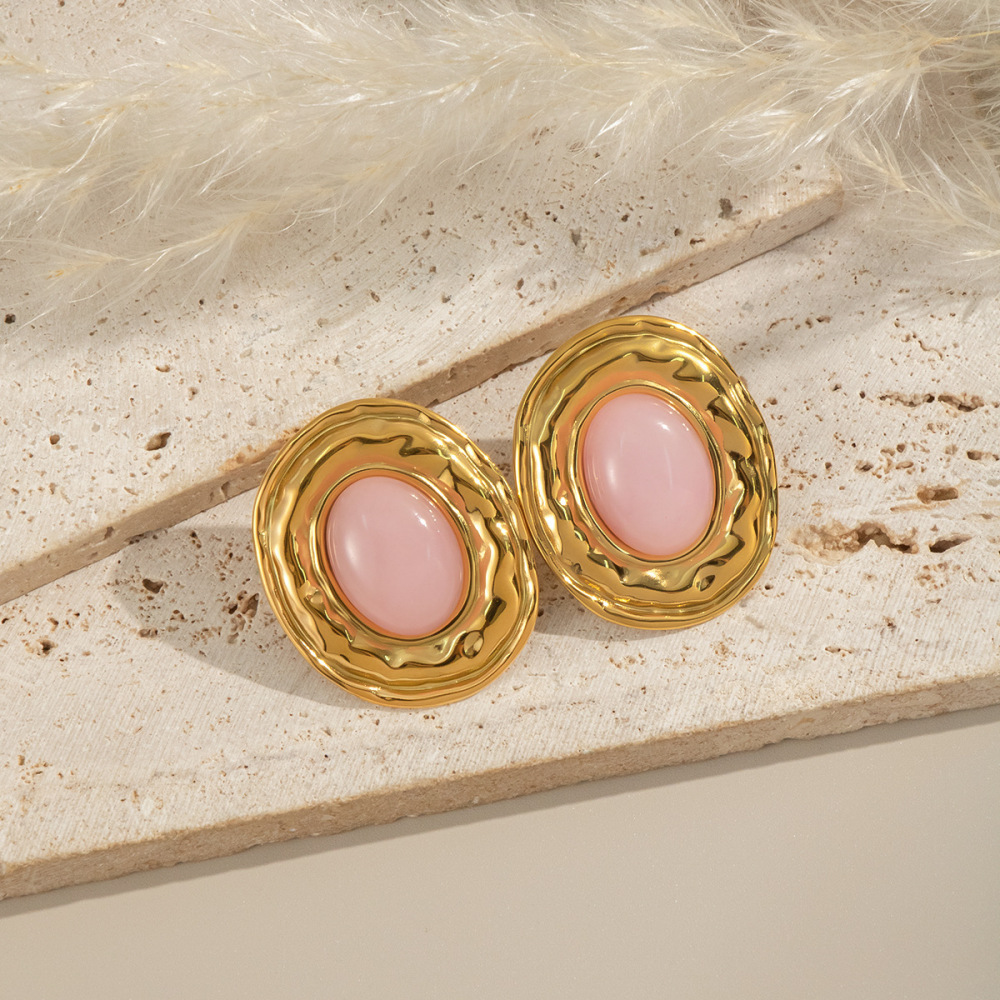 1 Paire De Boucles D'Oreilles Classiques En Acier Inoxydable Étanche, Couleur Or, Avec Pierres Naturelles h5Image4
