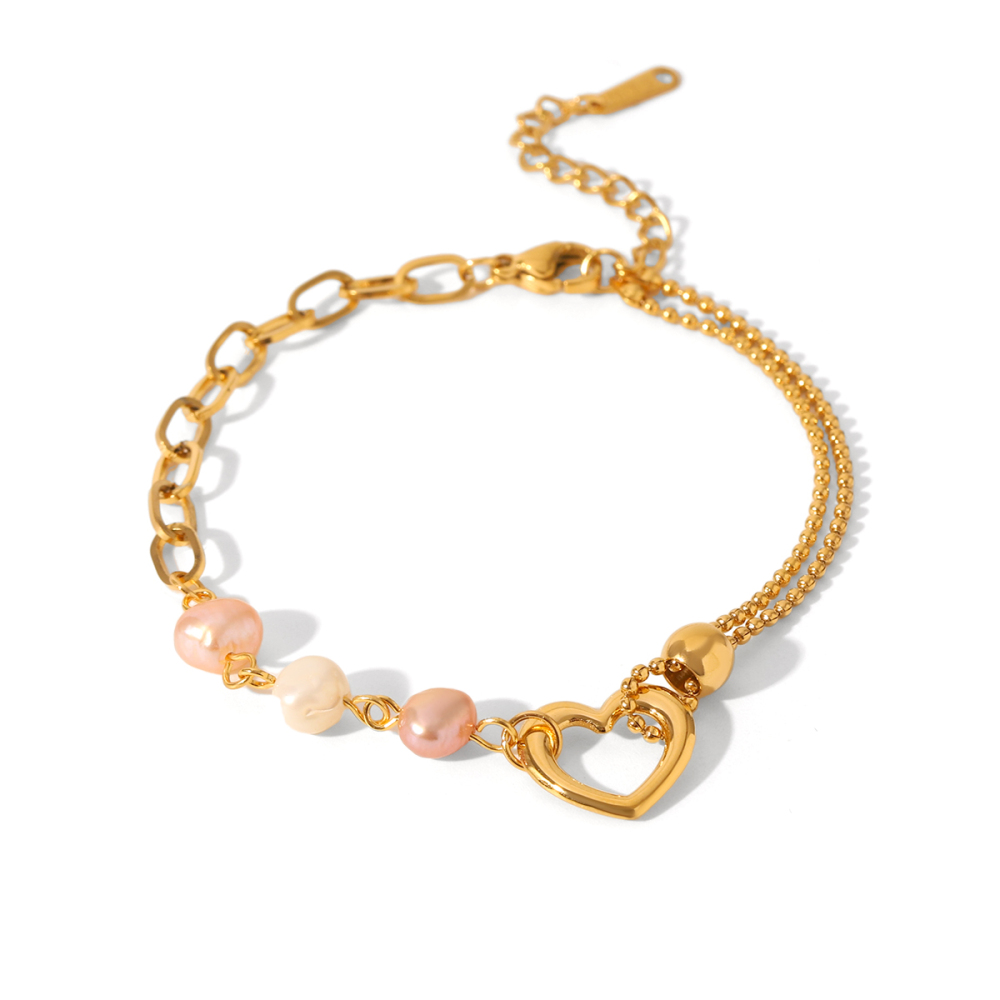 1 Paire De Bracelets À Maillons Pour Femme, Motif Cœur, En Acier Inoxydable, Couleur Or, Étanches, Avec Pierre Naturelle.