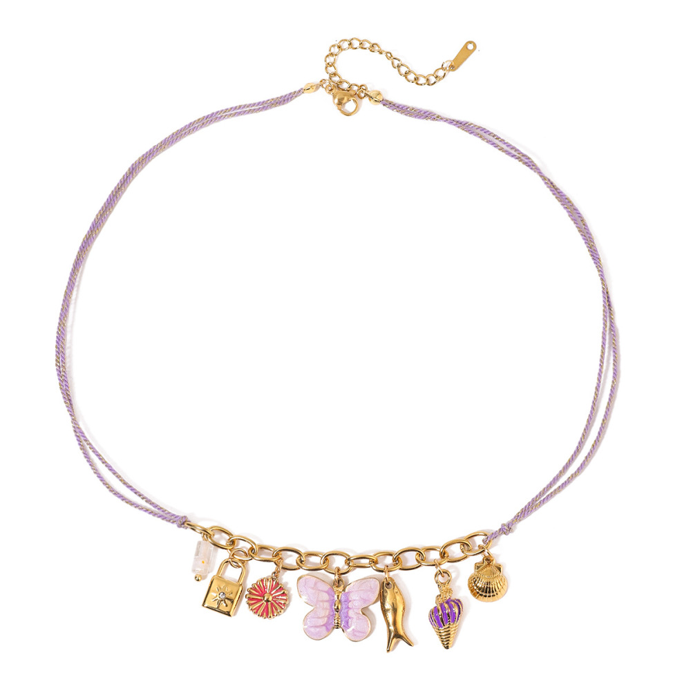 Collier Tressé Pour Femme, Collection Romantique, Motif Papillon Naturel, En Acier Inoxydable, Couleur Or, Étanche (1 Pièce) h5Image6