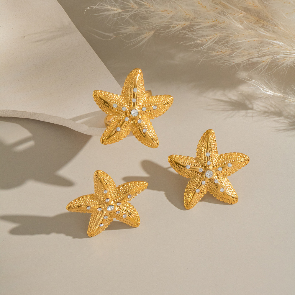 Ensemble De Boucles D'Oreilles Starfish En Acier Inoxydable Étanche Couleur Or Image3