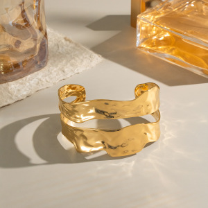 Bracelet Manchette Géométrique Étanche En Acier Inoxydable Doré (1 Pièce) h5 Image2