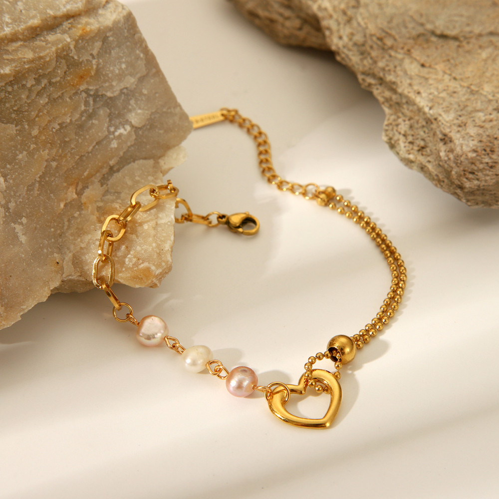 1 Paire De Bracelets À Maillons Pour Femme, Motif Cœur, En Acier Inoxydable, Couleur Or, Étanches, Avec Pierre Naturelle. Image6