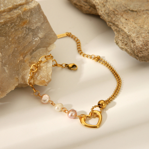1 Paire De Bracelets À Maillons Pour Femme, Motif Cœur, En Acier Inoxydable, Couleur Or, Étanches, Avec Pierre Naturelle. h5 Image6