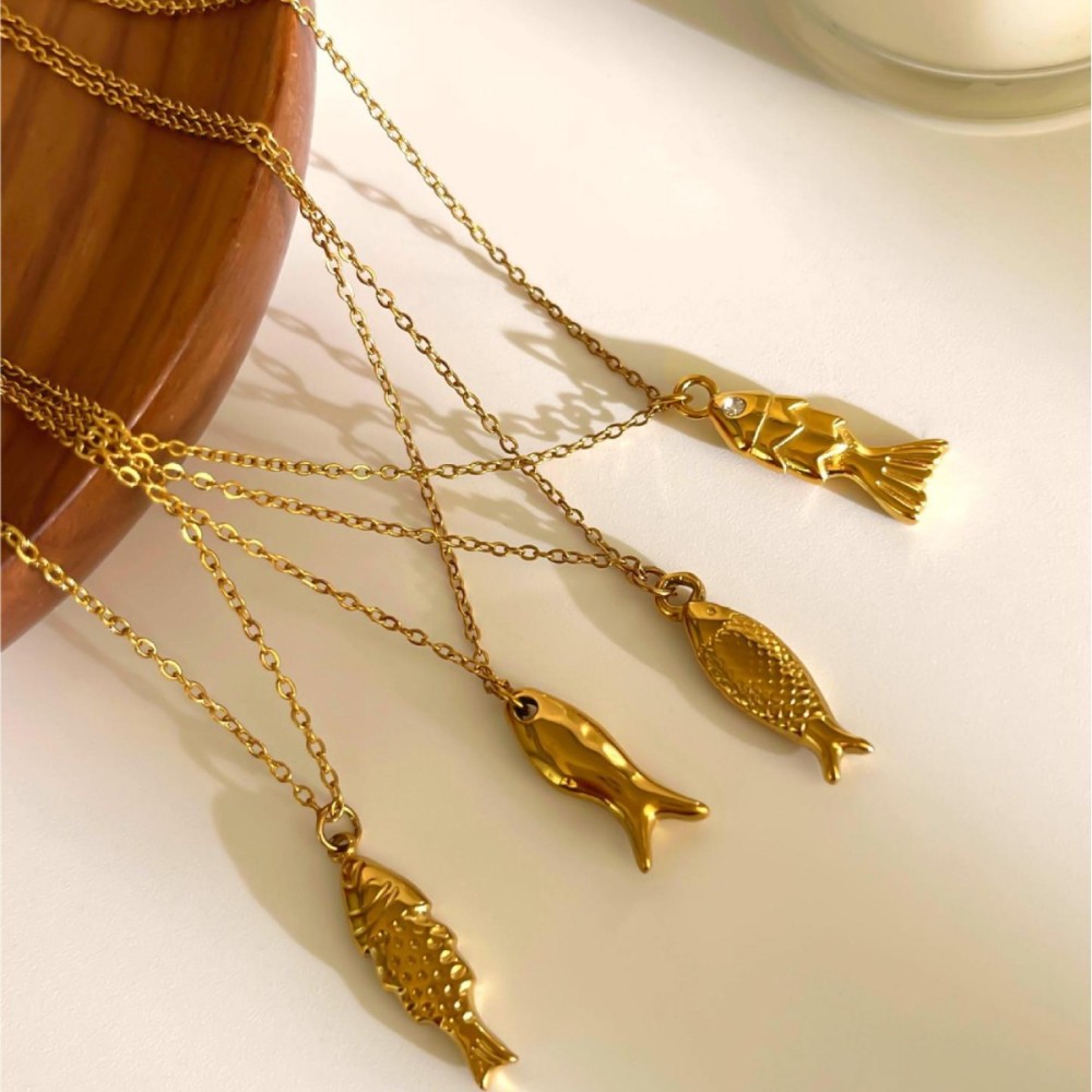 Collier Pendentif En Acier Inoxydable Doré, 1 Pièce, En Forme De Poisson Image4
