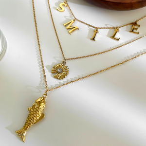 Collier Pendentif En Acier Inoxydable Doré, 1 Pièce, En Forme De Poisson h5 Image4