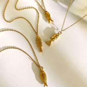 Collier Pendentif En Acier Inoxydable Doré, 1 Pièce, En Forme De Poisson h5 Image5