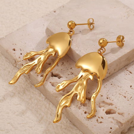 Boucles d'oreilles pendantes pieuvre en acier inoxydable étanche couleur or 2