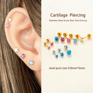 Boucles D'Oreilles Piercing Femme En Acier Inoxydable Doré, Opale Polychrome (1 Pièce) h5 Image5