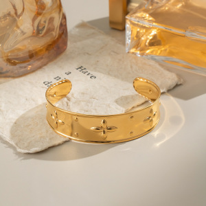 Bracelet Manchette En Acier Inoxydable Doré, Imperméable, Avec Motif Floral (1 Pièce). h5 Image4