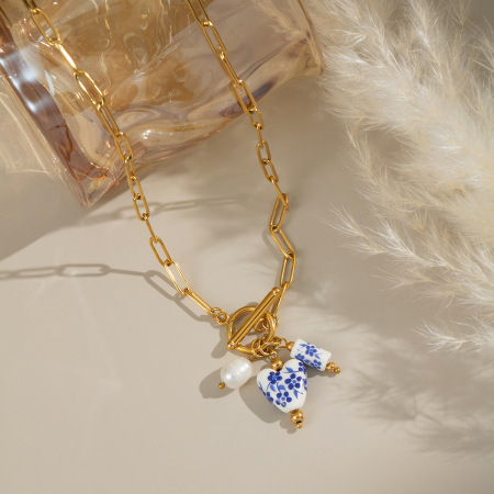 Collier pendentif en acier inoxydable doré, 1 pièce, fleur en céramique