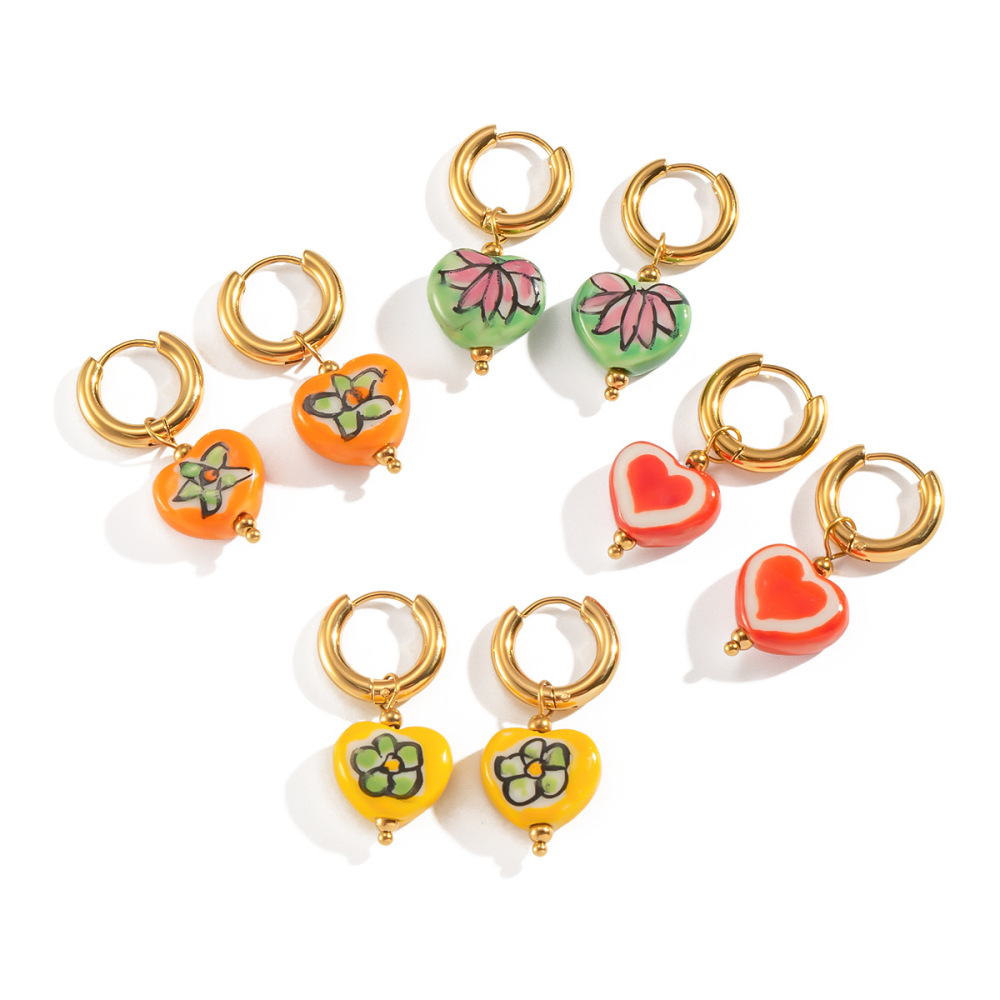 1 Paire De Boucles D'Oreilles Pendantes En Forme De Cœur Et De Fleur h5Image4