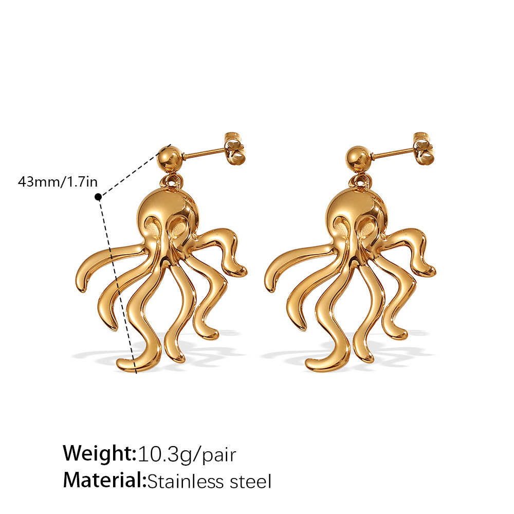 Boucles D'Oreilles Pendantes Pieuvre En Acier Inoxydable Étanche Couleur Or 