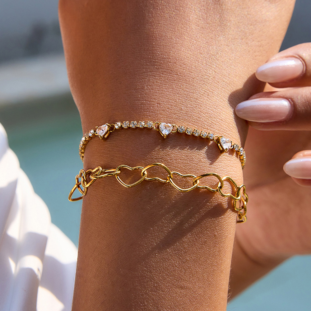 Bracelet À Maillons Romantique En Acier Inoxydable Doré, Imperméable, Avec Motif Cœur (1 Pièce) h5Image4