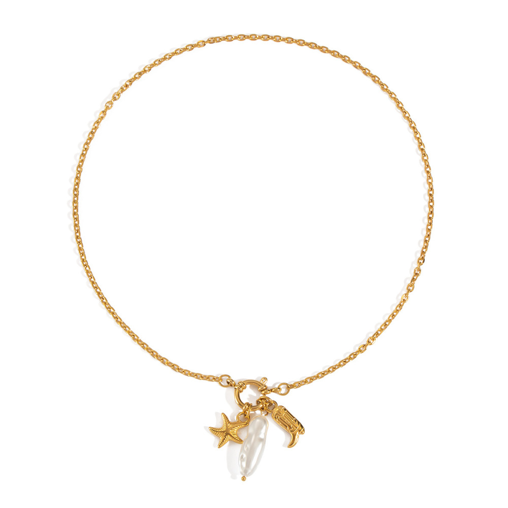 Collier Pendentif En Forme D'Étoile De Mer, En Acier Inoxydable Étanche, Couleur Or, Avec Perle (1 Pièce) Image5