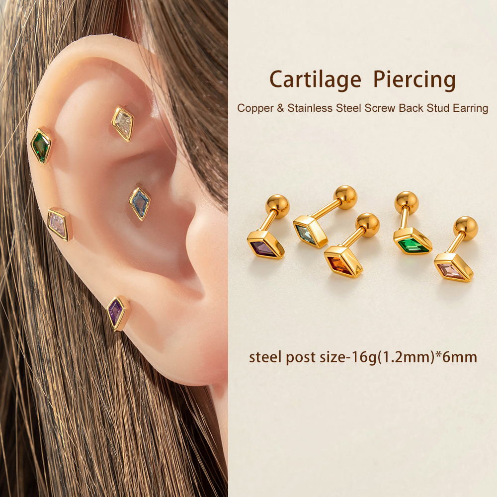 Boucles D'Oreilles Piercing Quotidiennes En Forme De Losange, Cuivre, Or Et Zircon, Pour Femme, 1 Pièce Image5