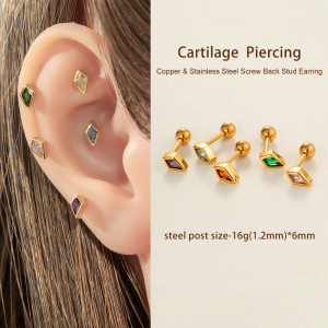 Boucles D'Oreilles Piercing Quotidiennes En Forme De Losange, Cuivre, Or Et Zircon, Pour Femme, 1 Pièce h5 Image5
