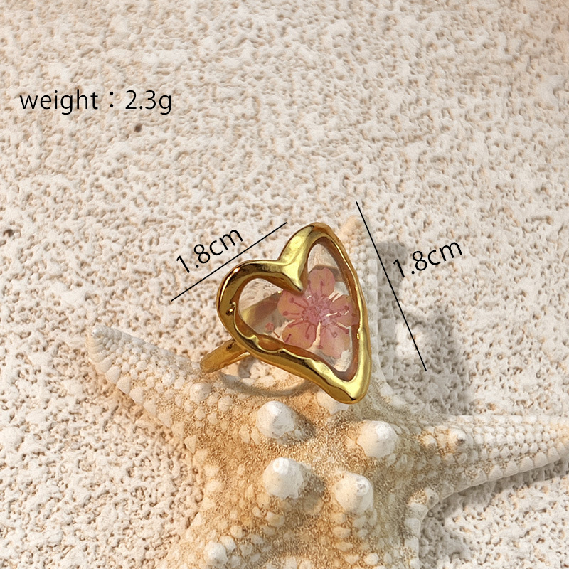 Bague En Acier Inoxydable Doré Étanche En Forme De Cœur Et De Fleur (1 Pièce) h5Image2