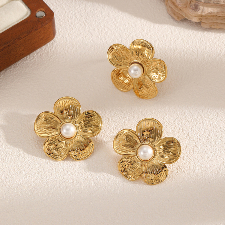 Boucles d'oreilles en acier inoxydable doré, style Instagram, avec motif floral (1 paire).