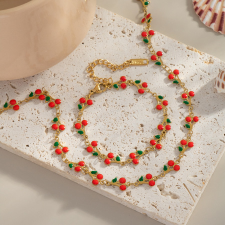 Collier à maillons en acier inoxydable couleur or, étanche, avec pendentif cerise douce (1 pièce) 2