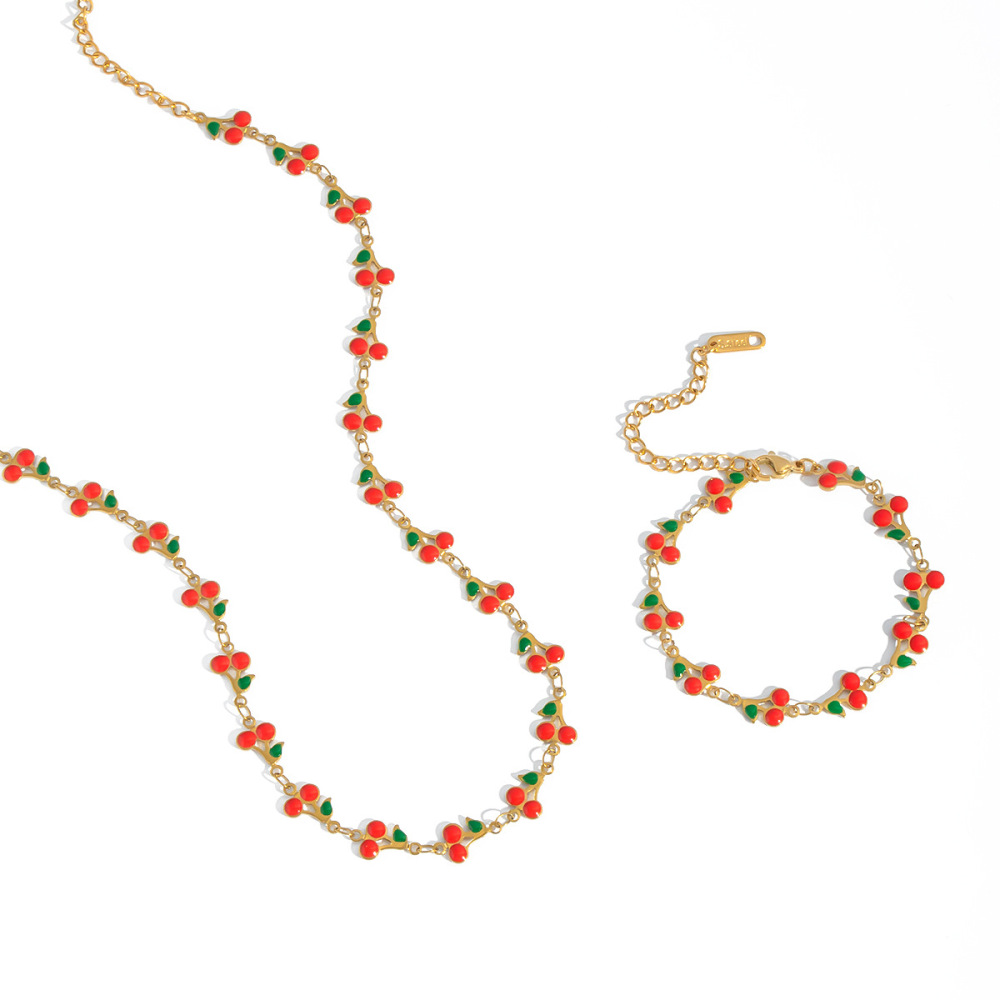Collier À Maillons En Acier Inoxydable Couleur Or, Étanche, Avec Pendentif Cerise Douce (1 Pièce) Image5