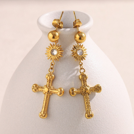 Boucles d'oreilles pendantes pour femme, modèle Simple Series Classic Cross, en acier inoxydable étanche (1 paire)
