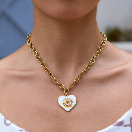 Collier pendentif femme en acier inoxydable doré, couleur or, motif soleil peint (1 pièce) - Collection Classique
