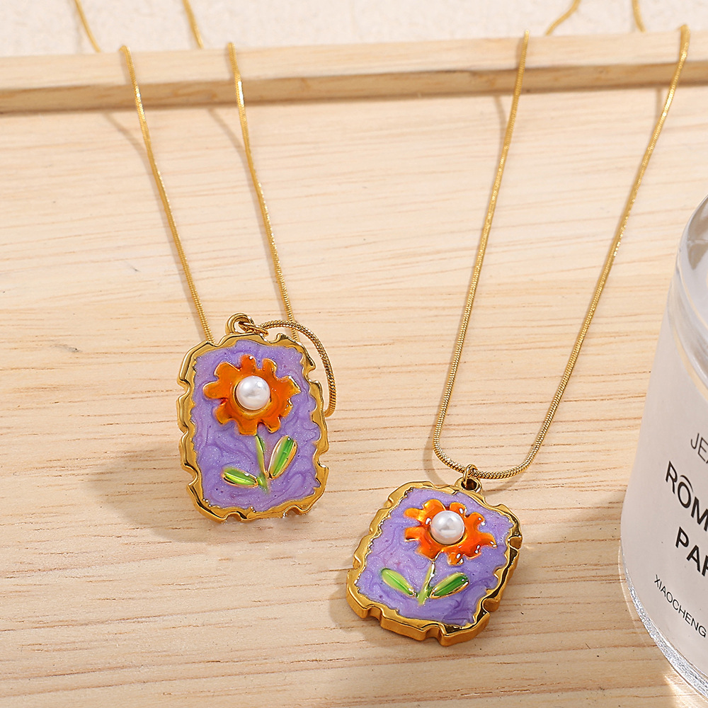 Collier Pendentif En Acier Inoxydable Doré, Couleur Or, Avec Fleur Émaillée (1 Pièce) Image2