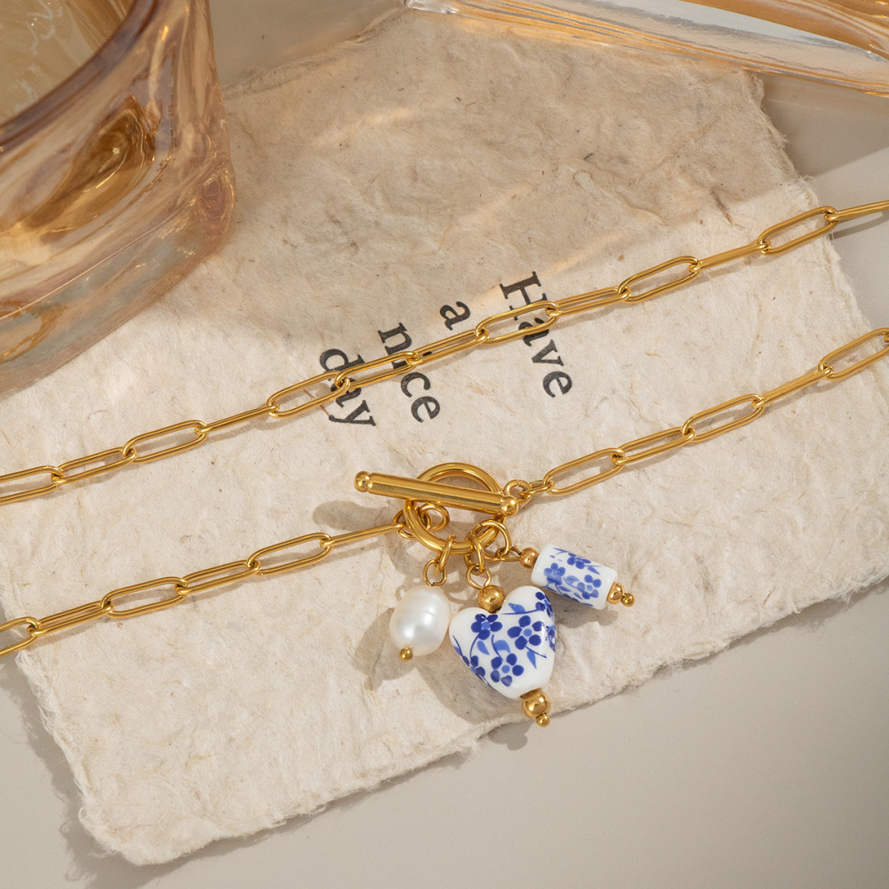 Collier Pendentif En Acier Inoxydable Doré, 1 Pièce, Fleur En Céramique Image2