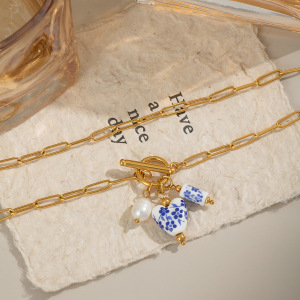 Collier Pendentif En Acier Inoxydable Doré, 1 Pièce, Fleur En Céramique h5 Image2
