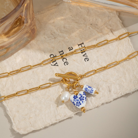 Collier pendentif en acier inoxydable doré, 1 pièce, fleur en céramique 2