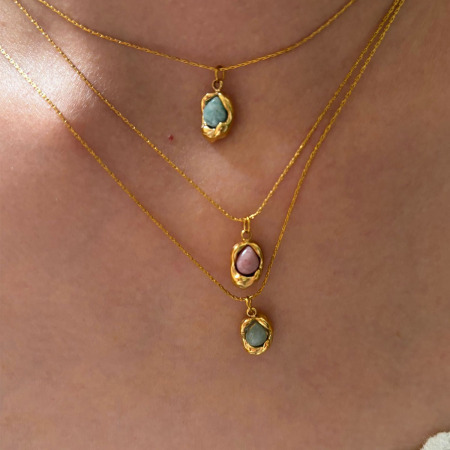 Collier pendentif en acier inoxydable étanche couleur or avec pierre naturelle (1 pièce)