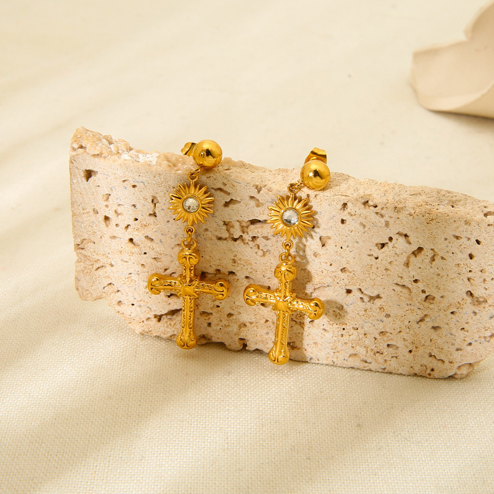 Boucles D'Oreilles Puces Pour Femmes, Style Rétro Croix Classique, En Acier Inoxydable Étanche Image4